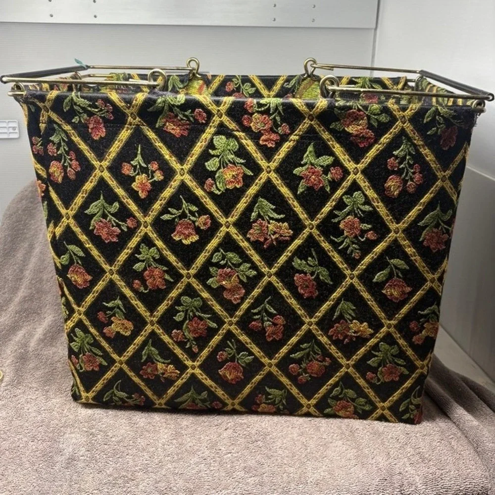 Vintage Tapestry Knitting Bag Black Floral Diamond Trellis Metal Frame Tote